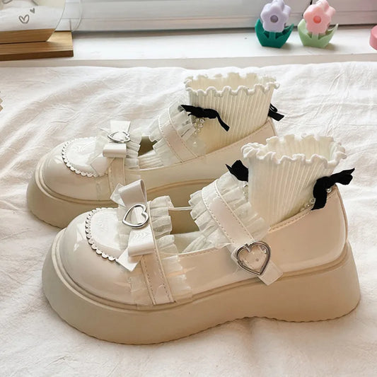 Aichashi Kawaii Lace Bowknot White Lolita Shoes Women Heart Buckle Platform Mary Janes Woman Japanese Style Patent Leather Jk Shoes