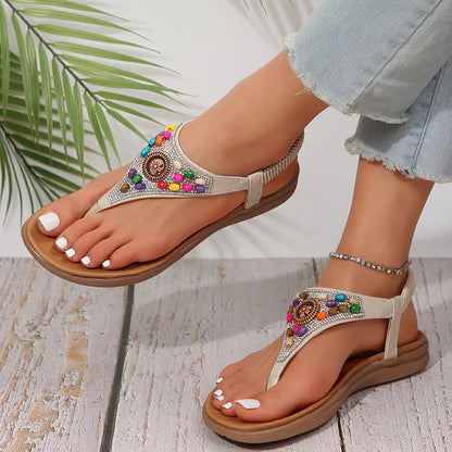 Aichashi Bohemian Style Retro Sandals Women 2024 Summer Clip Toe Flat Gladiator Sandals Woman Fashion Beaded Non Slip Outdoor Flip Flops