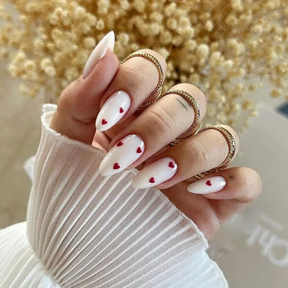 Aichashi 24Pcs Red Heart Nails Fake Wearable Long Almond False Nails Art Acrylic Press on Nails Full Coverage Removable French Fake Nail