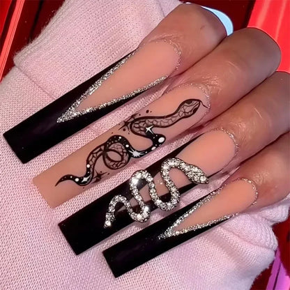 24Pcs False Nails Long Ballet Fake Nails with Rhinestone Leopard Design Press on Nails Wearable Coffin fake Manicure Tools