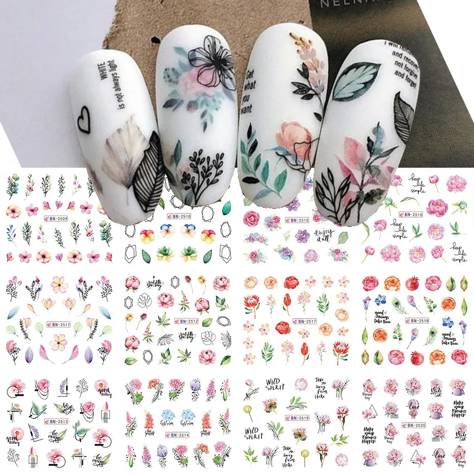 Aichashi 12 Designs Lily Flowers Nail Stickers White Flower Green Leaf Geometric Line Sliders Spring Floral Water Transfer Decals Slider