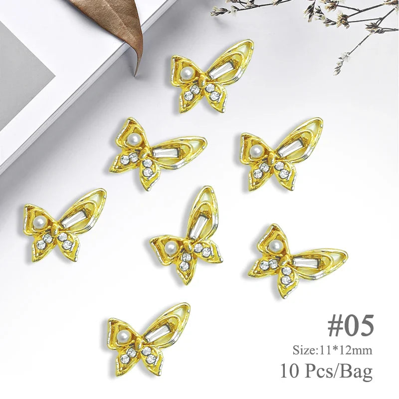 Aichashi 10pcs/bag Butterfly Shaped Nail Rhinestone Star Flower Nail Charm Silver Gold Alloy Nail Pearl Jewelry Accessories Nail Supplies