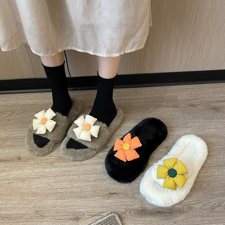 Aichashi Flower Plush Slippers Women Wear Autumn and Winter New Home Plus Size One Word Slippers Cute Cotton Shoes Zapatillas Planas