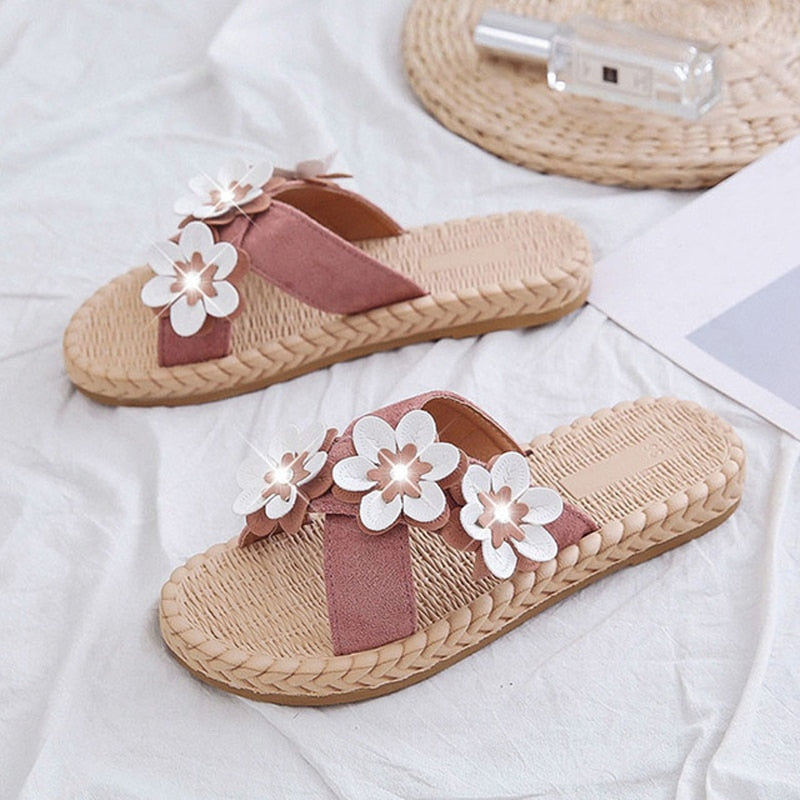 Aichashi Fashion Floral Lace Summer Beach Flip Flops Women Sandals Casual Flax Flat Sandals Comfy Home Slippers Outdoor Slides Shoes