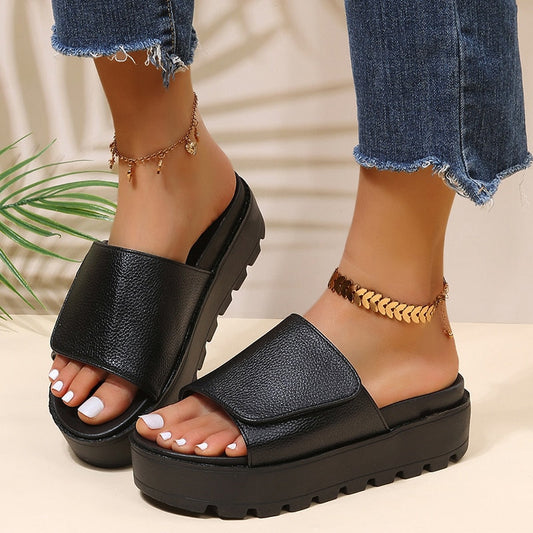 Aichashi Black PU Leather Platform Slippers Women Plus Size 43 Thick Soled Sandals Woman Summer Non-slip Slides Shoes Female