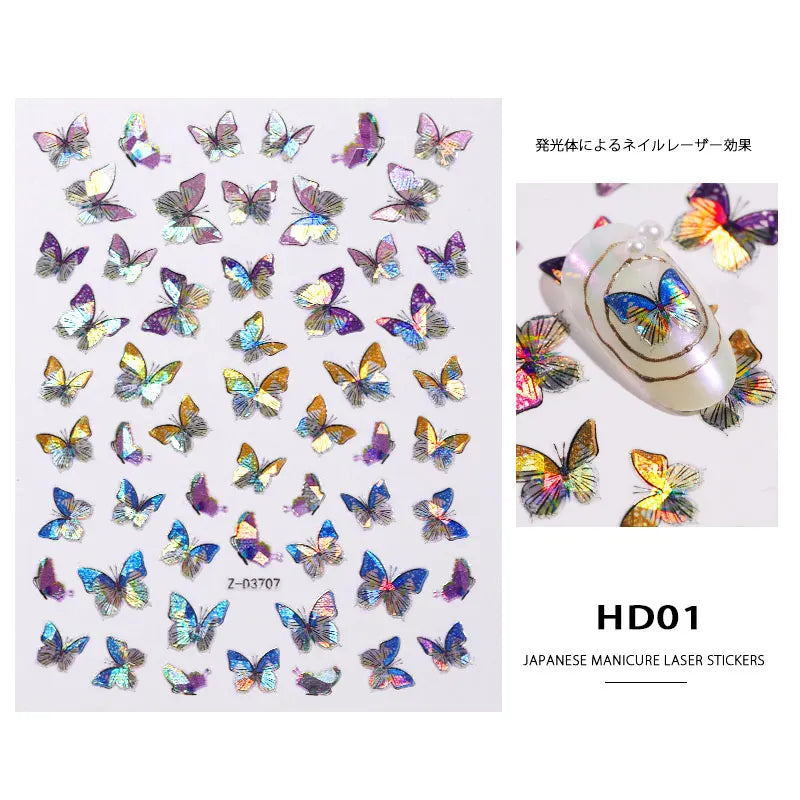 1Sheet Laser Color Butterfly Nail Art Stickers Holographic 3D Gradient Butterflies Adhesive Nail Decals DIY Manicure Decorations