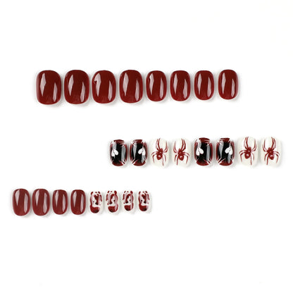 Aichashi 24pcs Red Spider Fake Nails Patch Cute Short Round Head Red and Black Color Artificial Nails for Girl Press on Nails Wearable