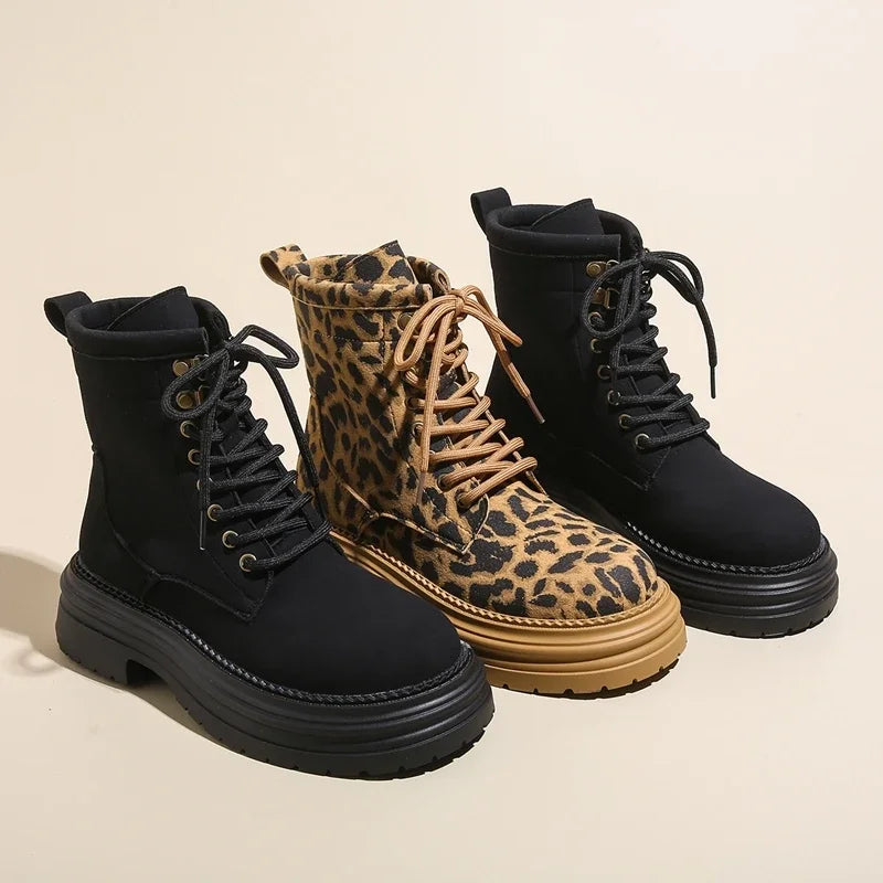 aichashi  -  Vintage Leopard Print Women Motorcycle Boots Fashion Lace Up Square Heel Shoes Laides Concise Short Booties