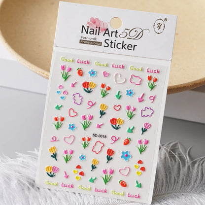 1PC 5D Macaron Flower/Fruit Nail Charms Sticker Embossed Bear/Rabbit/Letter Nails Slider Decals Summer Adhesive Manicure Decor&Y