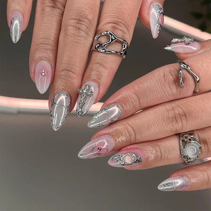 3D Water Wave Pattern Fake Nails Patch Cool Sliver Line Design Almond False Nails Full Finished y2k Girl Artificial Nail Patch