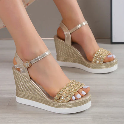 Aichashi Gold Silver Glitters Wedge Sandals Women Buckle Strap Chunky Platform Sandles Woman Summer Non-Slip Thick Sole Sandalias Mujer