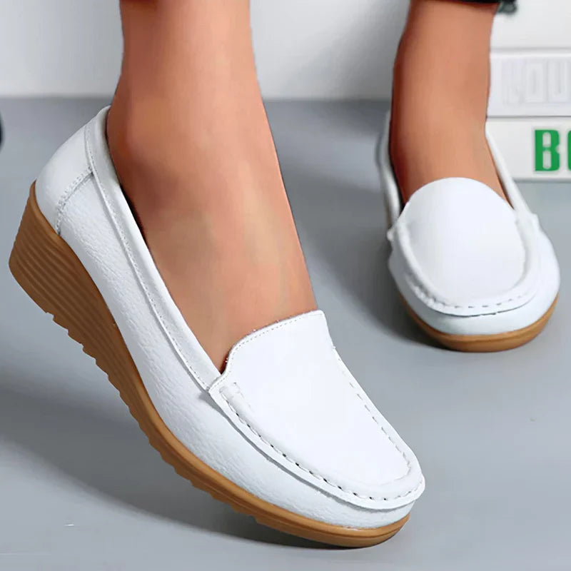 Aichashi Leather Shoes For Women Flats White Black Loafers With Heels Shoes Casual Women's Moccasins Slip On Flat Shoes Summer Footwear