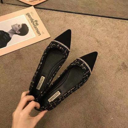 Aichashi Flat Shoes Spring New Chain Color Matching Fragrance Flat Shoes Female Korean Version of Joker Pointed Shallow Soft Shoes