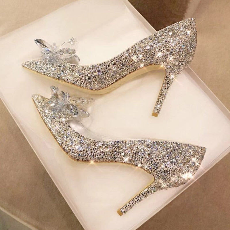 Aichashi Cinderella Shoes Rhinestone High Heels Women Pumps Pointed toe Woman Crystal Party Wedding Shoes 5cm/7cm/9cm