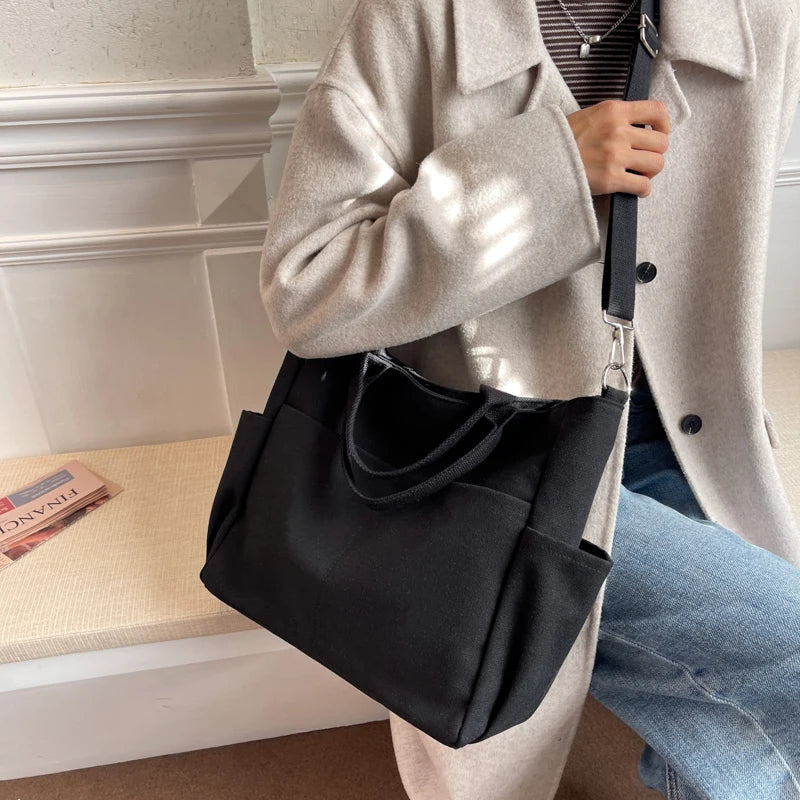 Aichashi Lazy Wind Canvas Big Bag New Korean Version Of The Single Shoulder Crossbody Bag Female Simple Literary Solid Color Bag