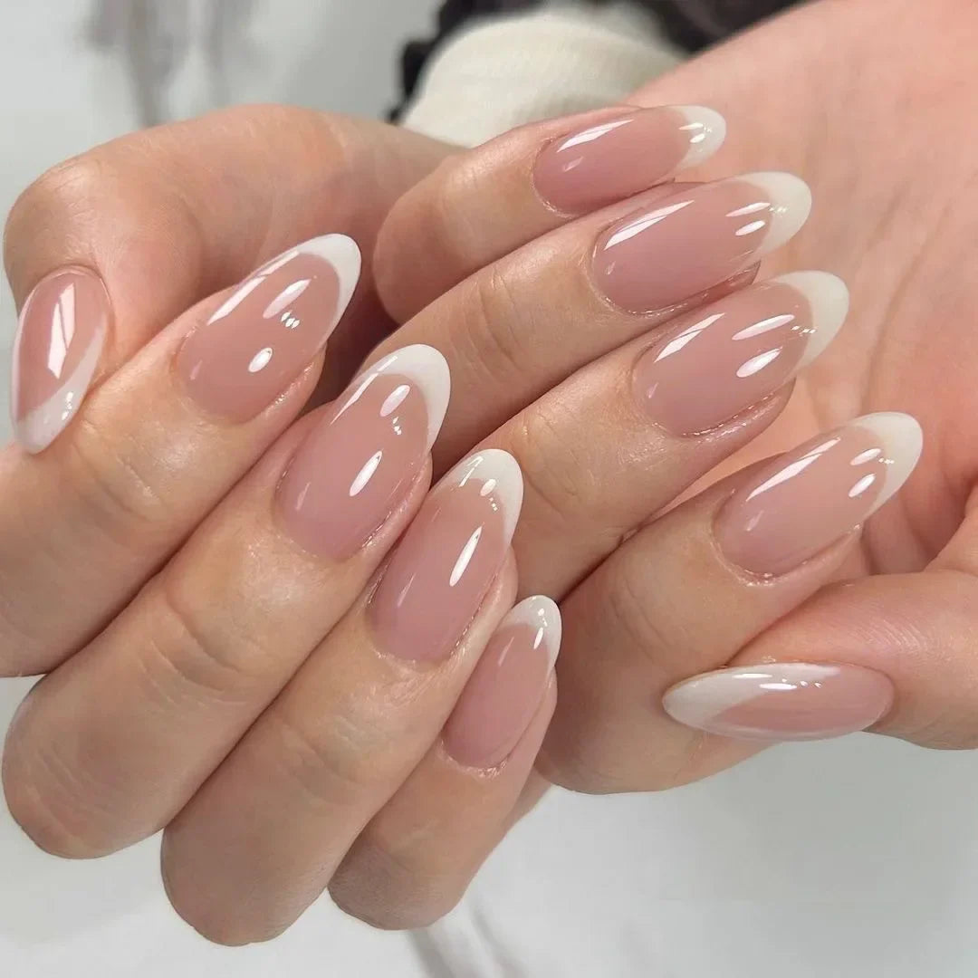 Aichashi 24Pcs Almond French Fake Nails with Glue Simple Oval False Nails Press on Nails Wearable Finished DIY Full Cover artificial Nail