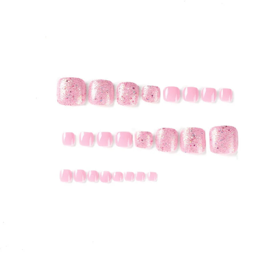 Aichashi 24Pcs/Set Wearable False Nails Gentle Pink Press on Toe Nail Pieces Glitter Fake Toe Nails Short Acrylic Fake Nails Art Finished