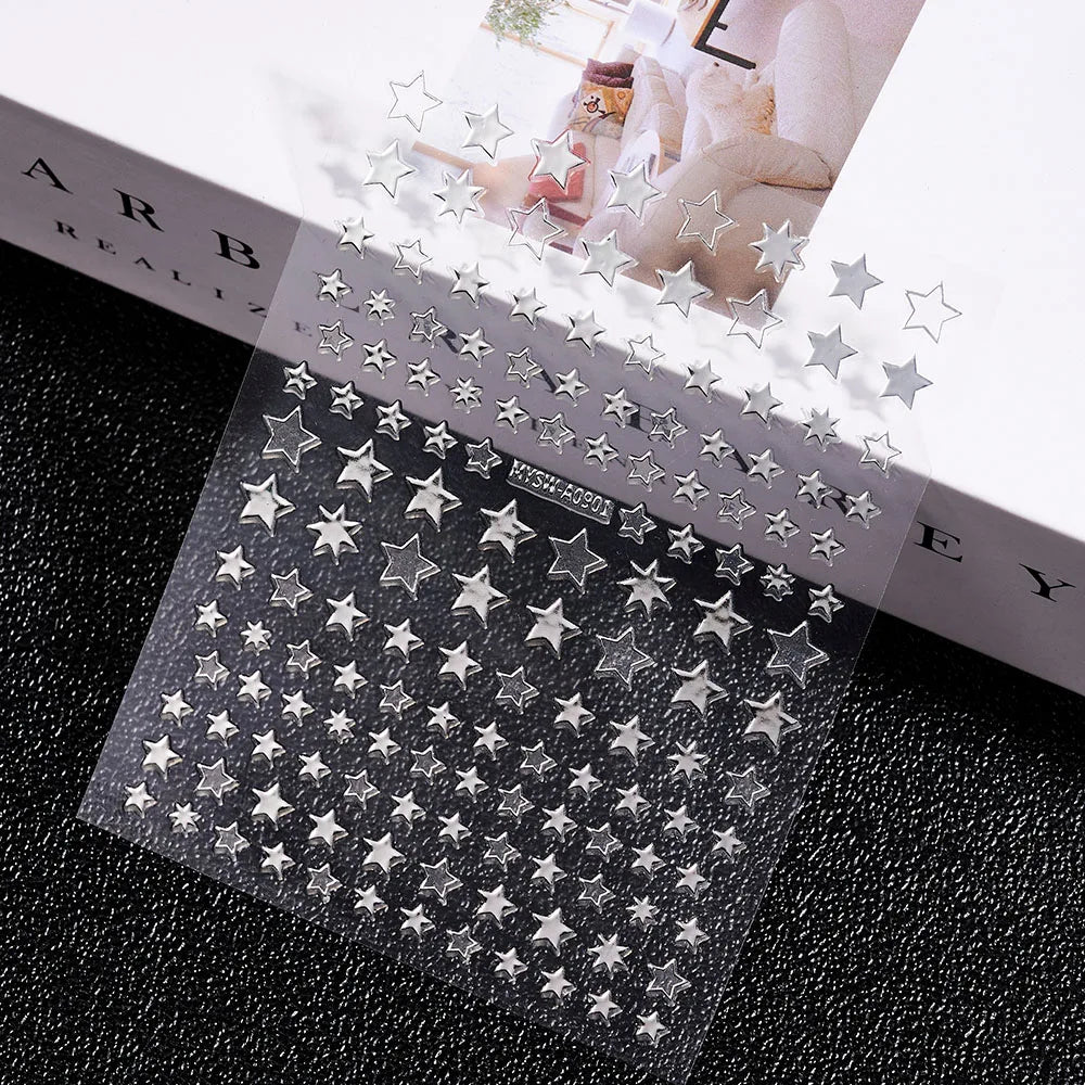 3D Gold Sun/Moon/Star Bronzing Nail Art Sticker 8*10cm Laser Star Moon Design Nail Decal Gold Silver Self-Adhesive Slider