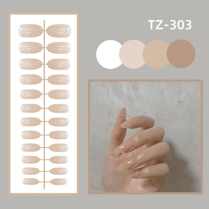 24Ps/Set Khaki Almond Fake Nails Art Glossy White Cross Acrylic Press on Nail Artificial Full Cover Wearing Reusable False Nails