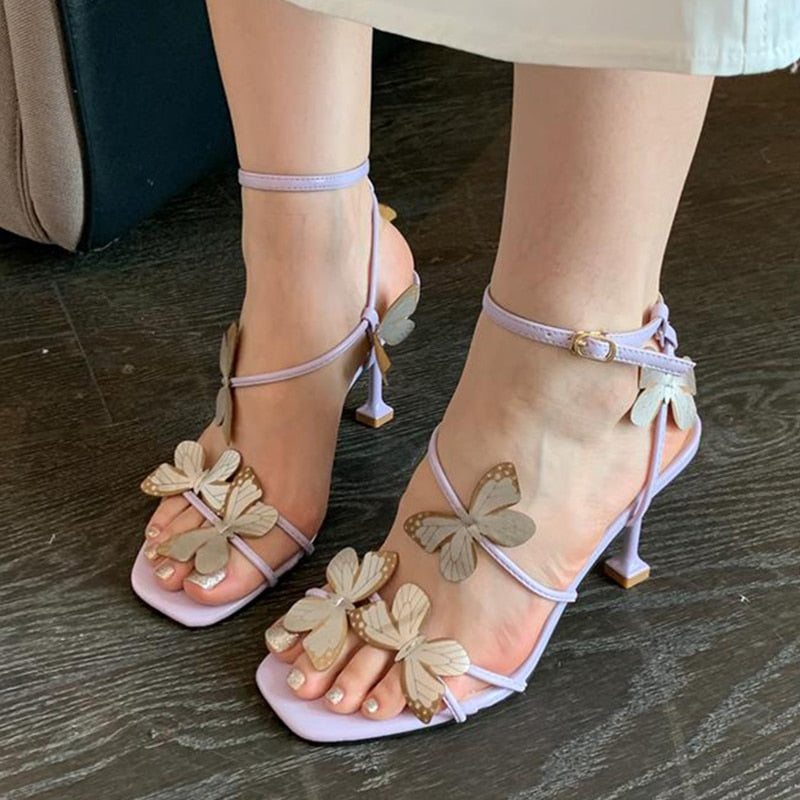 Aichashi Butterfly Purple High Heeled Sandals Women Summer Casual Square Toe Sandals Woman Thin Heels Ankle Straps Party Shoes