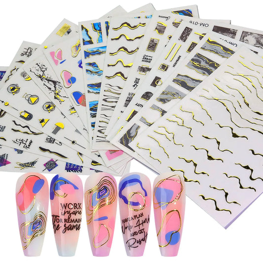 12pcs/Set Marble Nail Stickers Gold Lines Sliders on Nail Charms DIY Accessories Blooming Ink Painting Decal Adornment Manicure