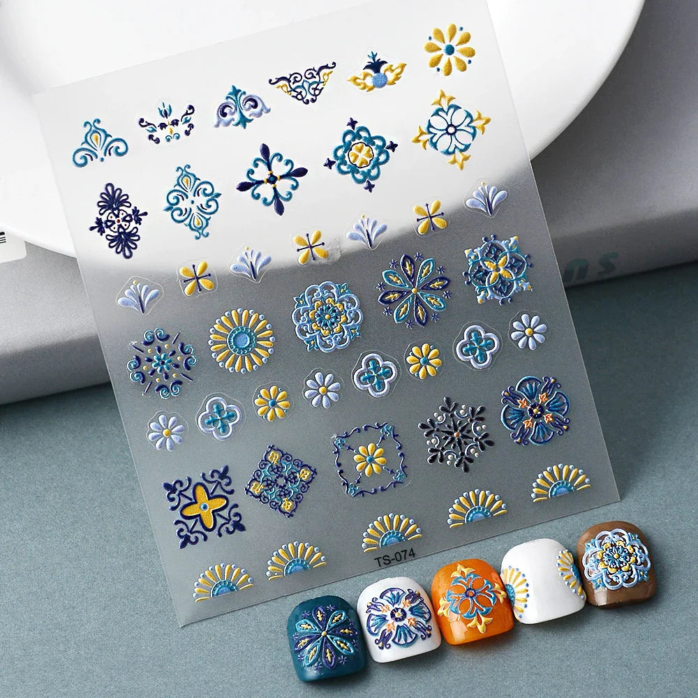 Aichashi 1PCS Bohemian Style 5D Nail Stickers Press on Nails Embossed Symphony Butterfly Flower Stickers Nail Decoration Decals