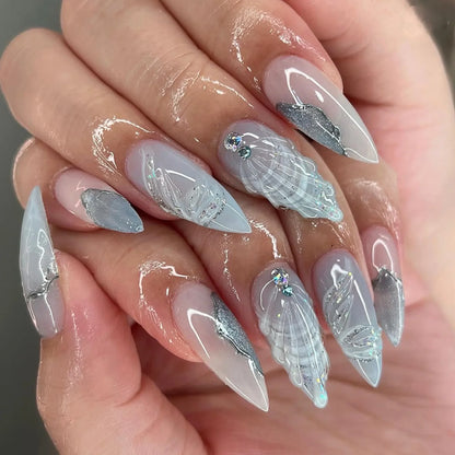 Aichashi 3D Butterfly Pattern Fake Nails Cool Sliver Star Design Almond False Nails Gradient Blue y2k Nails Artificial Fake Nail Patch