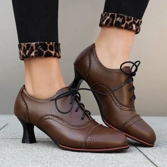 aichashi  -  Retro Oxford Pumps Woman Vintage Lace Up Round Toe High Heels Dress Zapatos Ladies Brand Design Wing Derby Shoes Plus Size 43