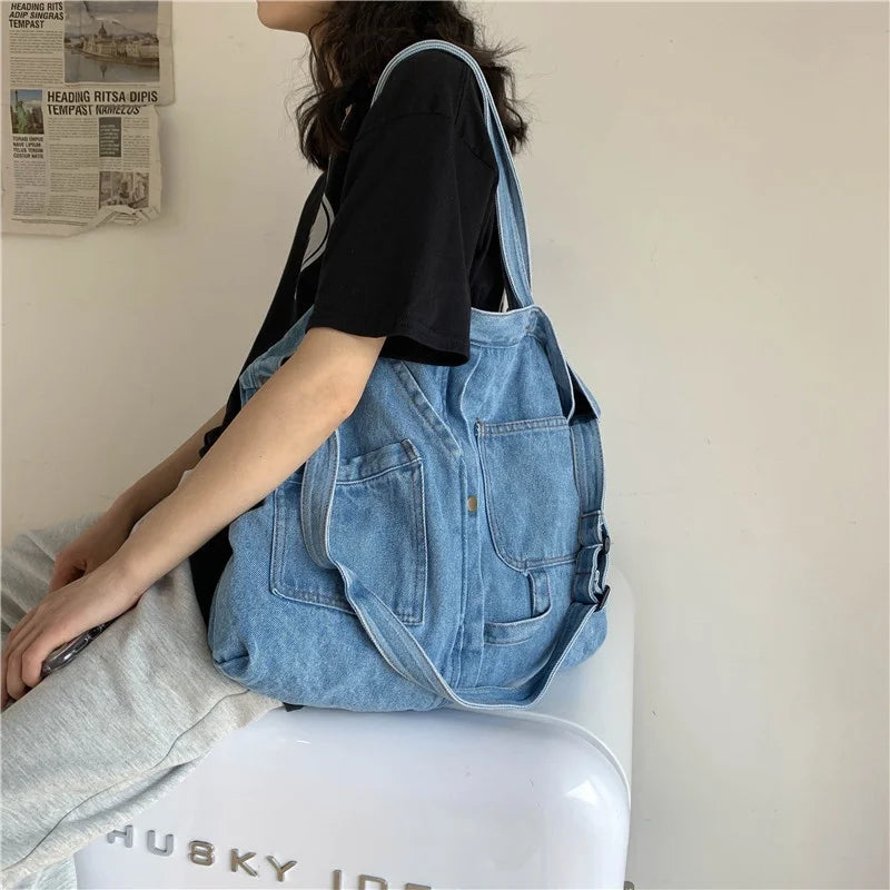 Aichashi BACK TO SCHOOL Denim Shoulder Bags for Women Casual Jeans Bags Designer Tote Crosbody Luxury Handbags Denim Shopping Bag Bolsos Para Mujer