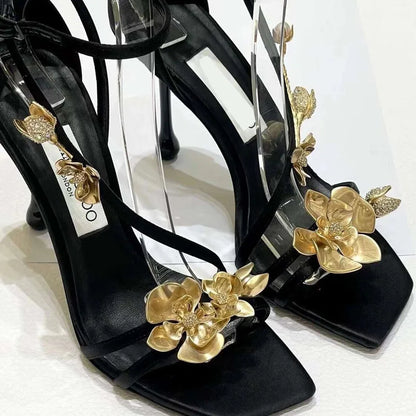 aichashi  -  Golden Flowers High Heels Women Silk Luxury Designer Sandal Metallic Flower Square Toe Pointed Fine Heel Party Dress Shoes Pumps