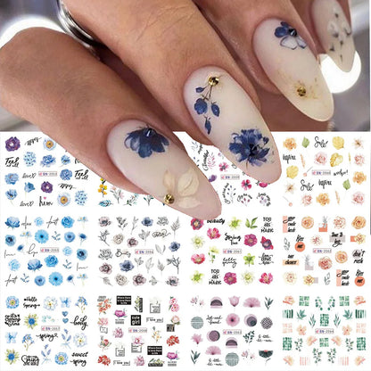 Aichashi 12 Designs Lily Flowers Nail Stickers White Flower Green Leaf Geometric Line Sliders Spring Floral Water Transfer Decals Slider