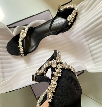 aichashi  -  Crystal Design High Heels Women Open-toe Black Strappy Heels Suede Summer New Party Dress Rhinestone Sandals Femmes Pumps