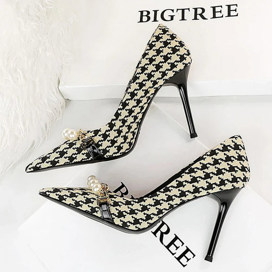 aichashi  -  Shoes Checked Grain Women Pumps Quality High Heels Pearl Chain Design Women Heels Stilettos Luxury Banquet Shoes