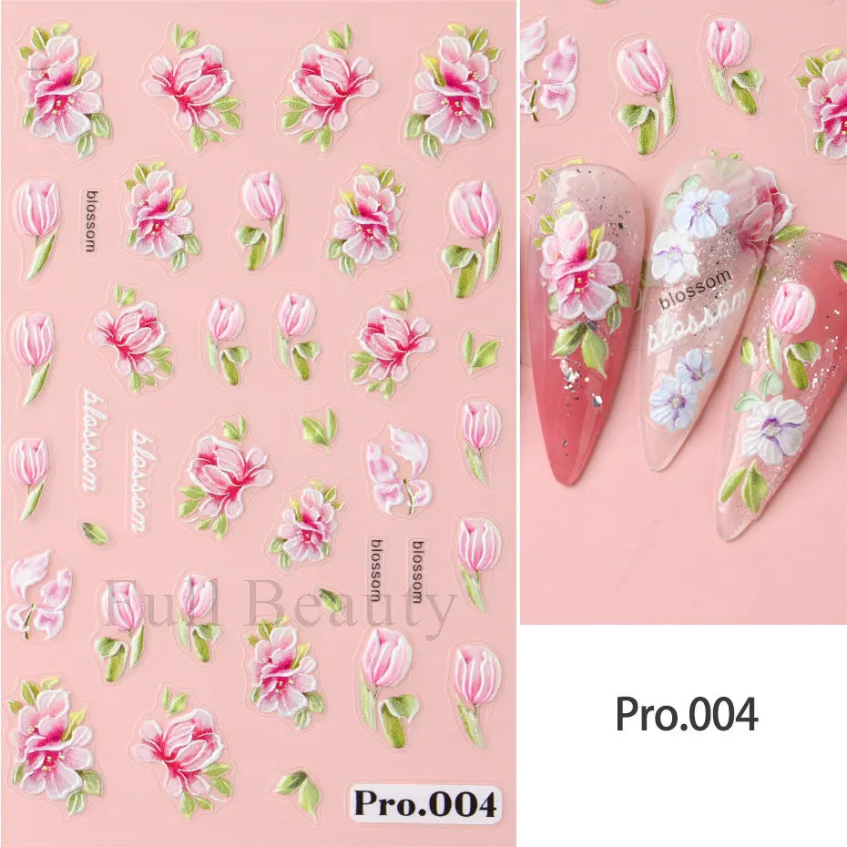 Aichashi 1Pcs Sakura Stickers For Nails 5D Embossed Spring Cherry Blossom Tulip Peony Flowers Petals Sliders Manicure Decoration