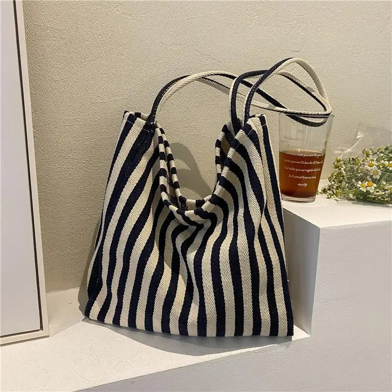 Aichashi BACK TO SCHOOL Korean Version Of Retro Literary Handbag Simple Fresh Striped Shoulder Bag Fashion Large Capacity Shopping Bag