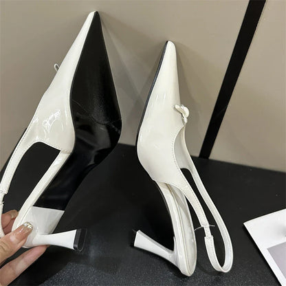 aichashi  -  Fashion patent leather Pointed bowknot Decoration New Women's Sandals Summer Slingback High Heels Shoes Pumps Mules