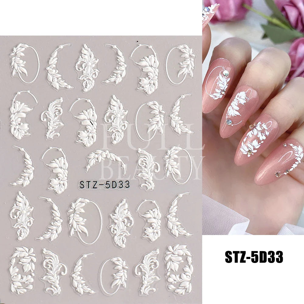 Aichashi 5D Embossed Nail Stickers Flowers Bird Geometric Lines Gold Frame Floral Nail Decals Cherry Blossom Y2K Manicure Decor