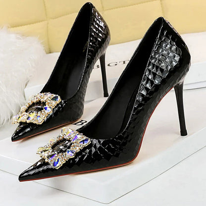 aichashi  -  Shoes Women Heels Metal Water Drill Buckle Woman Pumps Textured Patent Leather High Heels Stilettos Sexy Party Shoes