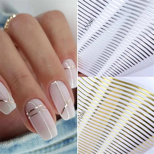 Aichashi 2PCS Gold Silver Lines Stripe DIY Nail Sticker Geometric Waved Self Adhesive Slider Papers Nail Art Transfer Stickers