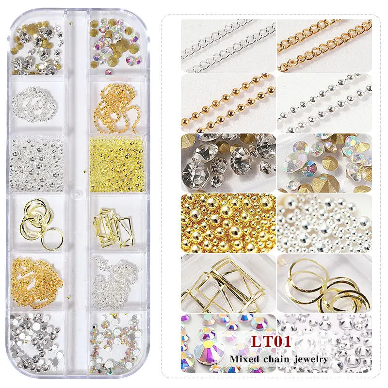 12 Grid Mixed Style Nail Chain Jewelry For DIY Art Decoration Fashion Metal Nails Accessories For Manicure Design