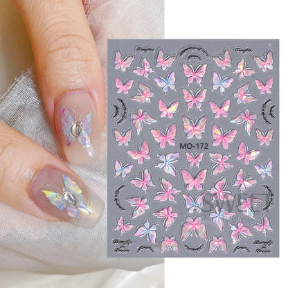 Aichashi Acrylic Engraved Butterfly Nail Manicure Sticker Holographic Crystal Fairy Rose Flowers Adhesive Decals Charm Spring Foils Wraps