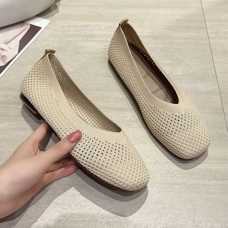 Aichashi Knit Mesh Flat Shoes Women Summer Breathable Stretch Ballet Flats Moccasins Square Toe Loafers Slip on Dress Shoes Sneaker