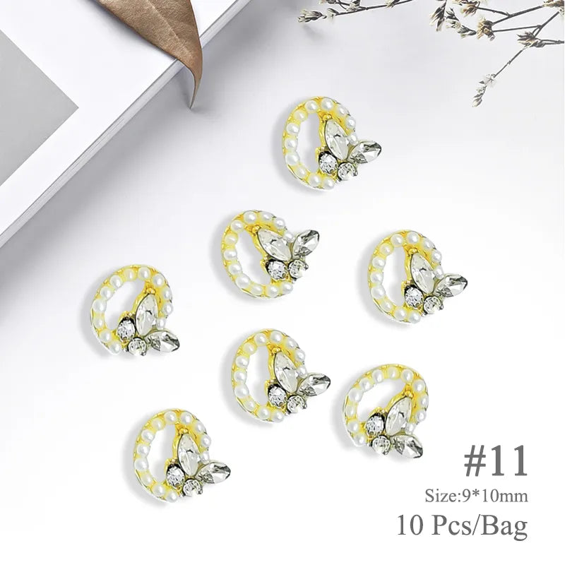 Aichashi 10pcs/bag Butterfly Shaped Nail Rhinestone Star Flower Nail Charm Silver Gold Alloy Nail Pearl Jewelry Accessories Nail Supplies