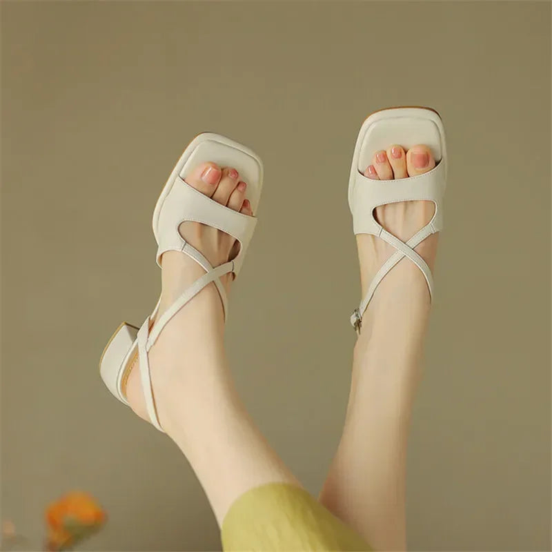 Aichashi New Summer Sandals Fashion Versatile Light Luxury Sandals Square Toe Chunky Heels Sandals for Women Handmade Women Sandals