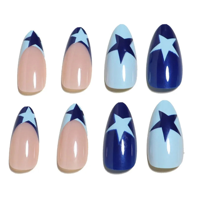 Aichashi 24PCS Stars Y2k Nail Stickers Blue French Fake Nails Press On Long Almond Shape Designs False Nails Finished Manicure Nail Tips