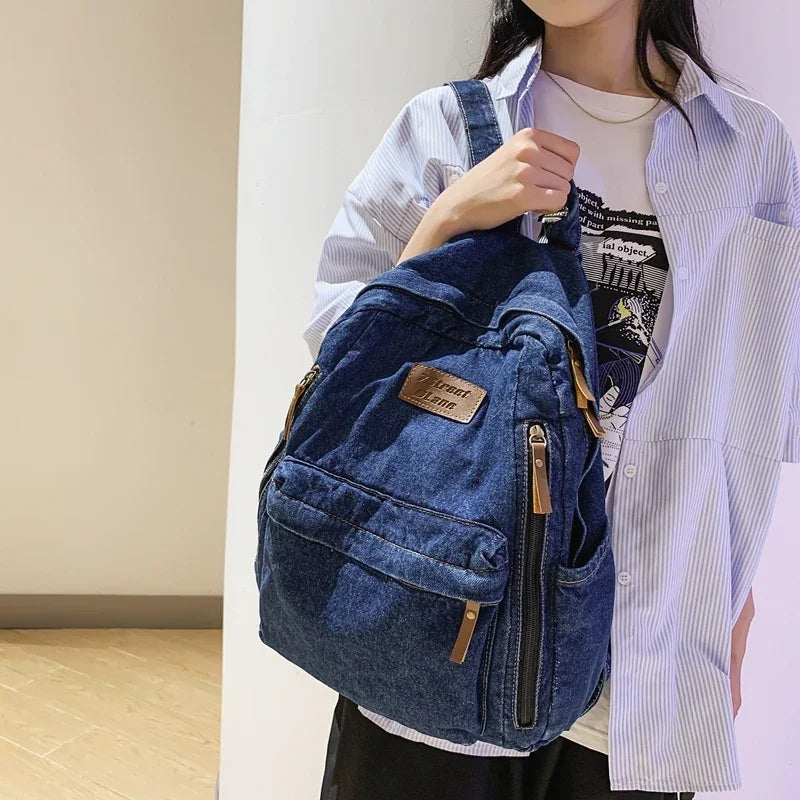 Aichashi BACK TO SCHOOL New Denim Men's and Women's Shoulder Bag Fashion Pleated Washed Student Backpack Casual Backpack