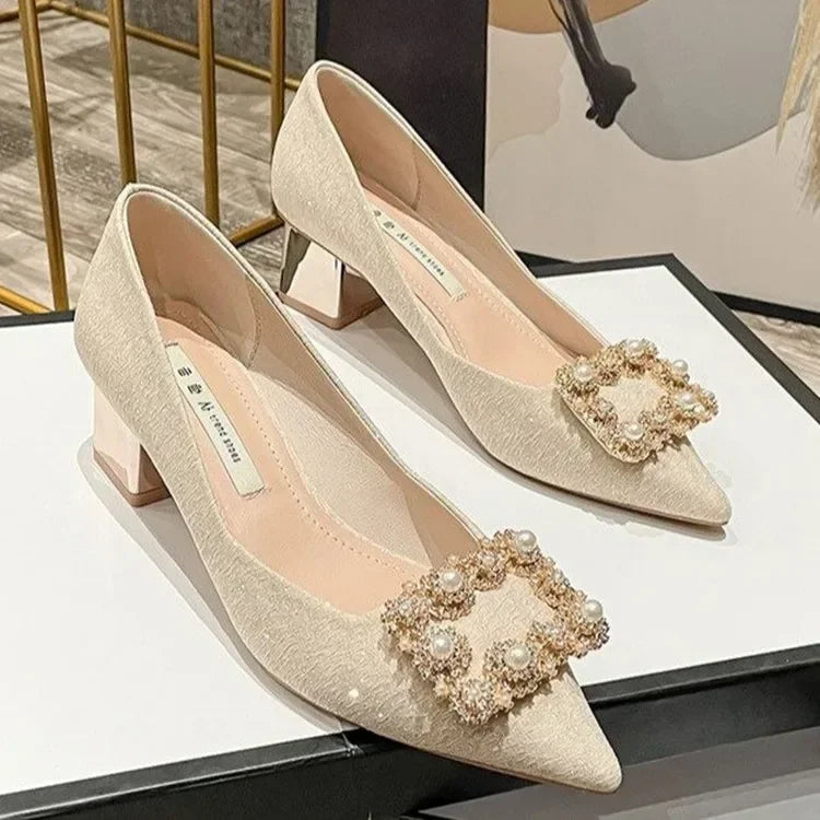 aichashi  -  High Heels Shoes Women Spring New Korean Version Pearl Rhinestones Pointed Toe Women's Shoes Chunky Heels Pumps Zapatillas Mujer