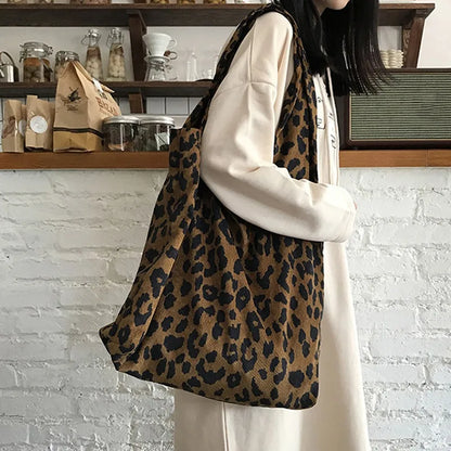 Classic Leopard Printing Top-handle Bag Women Corduroy Shopping Bag Large Capacity Book Tote Bag Female Casual Shoulder Bag