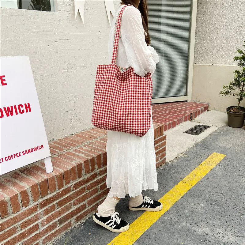 Aichashi Casual Plaid Flower Women Shopping Bag Large Capacity Ladies Daily Tote Handbags Cotton Cloth Double-sided Girls Shoulder Bags