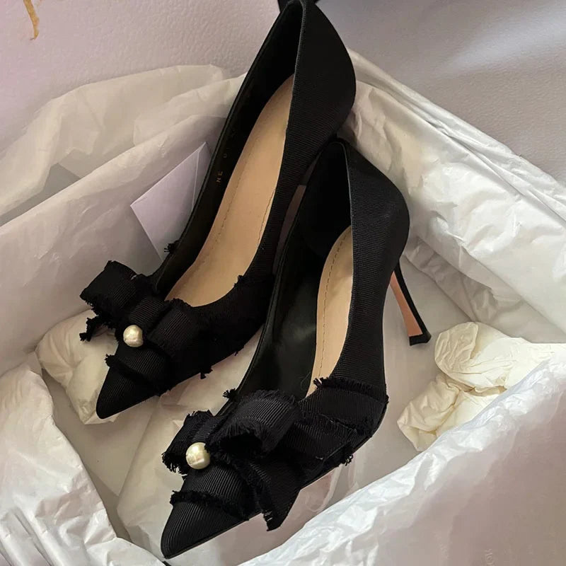 aichashi  -  Black Bow Pumps Pearl Decor Pointed Toe High Heels Fashion Denim Slip On Summer Women Casual Party Dress Stiletto Daily Shoes